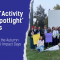 Banner graphic with a dark-blue text panel on the left that reads ‘The Six “Activity in the Spotlight” Winners — Highlights from the Autumn Edition of Social Impact Days 2025.’ On the right, a large group of smiling young people stands and sits on grass outdoors in front of modern buildings, holding colorful posters and posing together